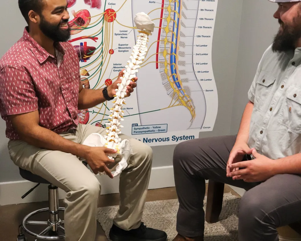 Chiropractor explaining spinal alignment using a spine model during patient consultation.