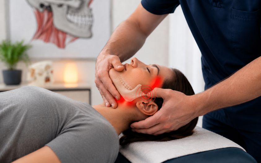 Woman receiving chiropractic care for TMJ pain