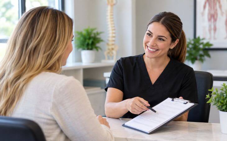 Patient discussing insurance coverage for chiropractic care